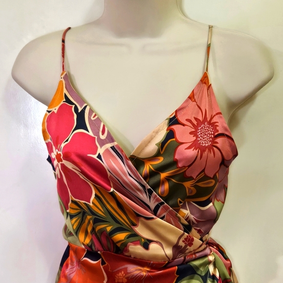 NATIVE CHIC Hot Pink/Green Multi-Color Tropical Satin Wrap Midi Dress, Large - Picture 9 of 16